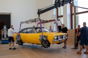 Installation of Rirkrit Tiravanija's "untitled 1995 (bon voyage monsieur ackermann" as part of the exhibition "Rirkrit Tiravanija: DAS GLÜCK IST NICHT IMMER LUSTIG" at Gropius Bau, 2024.