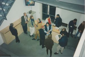 Installation view of Rirkrit Tiravanija's "untitled 1994 (angst essen seele auf)" in 1994, at Stichting de Appel, Amsterdam.