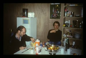 Installation view with visitors of Rirkrit Tiravanija's "untitled 1996 (tomorow is another day)", 1996 at Kölnischer Kunstverein.