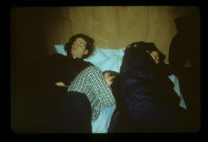 Installation view with visitors of Rirkrit Tiravanija's "untitled 1996 (tomorow is another day)", 1996 at Kölnischer Kunstverein.
