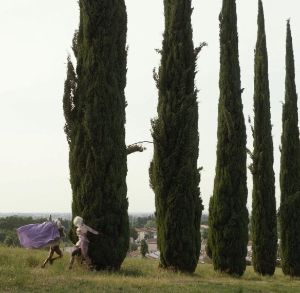 Two people in magnificent clothing are walking in front of a row of cypress trees.