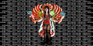 A distorted photograph of a person with colorful angel wings and torches in their hands. They are wearing garters and patterns on their upper body that look like they were hand-painted.