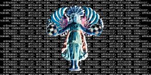 A colour-inverted angel figure holding two soccer balls on a black backdrop printed entirely with the word ‘Spätschicht’ in small white letters.