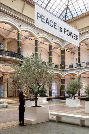 Eine Person bindet an einen kleinen Olivenbaum im Lichthof des Gropius Bau einen Zettel.