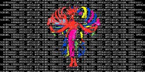 A colourful angel figure holding two torches on a black backdrop printed entirely with the word ‘Spätschicht’ in small white letters.