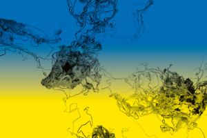Über die Bildfläche bewegen sich Fadenknäuel, die aus klumpenartigen Gebilden hervorgehen. Im Hintergrund ein blau-gelber Farbverlauf.
