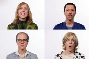 Frontale Ansicht von zwei männlich gelesenen Personen und zwei weiblich gelesenen Personen als Collage. Drei Personen scheinen mit ihren Mündern Vokale zu formen.