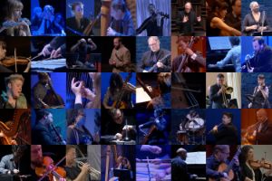 Eine Collage mit 40 Bildern. Diese zeigen verschiedene Musiker*innen des International Contemporary Ensemble beim Spielen ihrer Instrumente.