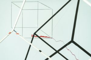 Animated lines form different three-dimensional cubes, a red line lies in waves.