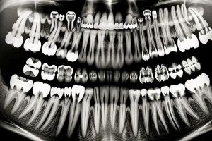 Frontale Röntgenaufnahme eines menschlichen Gebisses.