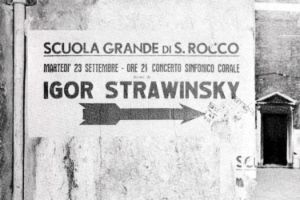 Poster announcing the premiere of Igor Stravinsky's “Threni” on 23 September 1958 at the Scuola di San Rocco in Venice