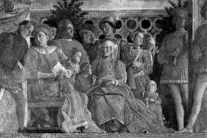 Die Familie sitzt und steht um den Thron von Ludovico III Gonzaga.
