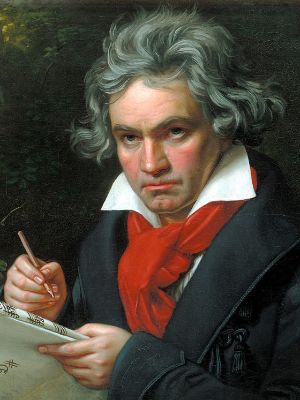 Ölgmälde von Beethoven in älteren Jahren, der einen Bleistift und eine Partitur in den Händen hält.