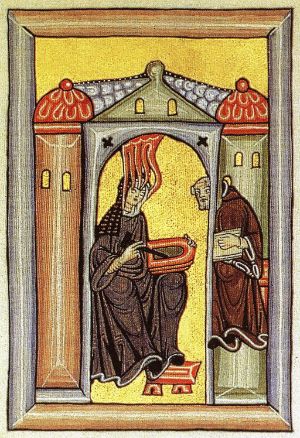 In einer mittelalterlichen Abbildung sitzt eine Frau in einem Gebäude. Flammen von oben erreichen ihren Kopf, ein Schreiber steht daneben und wartet auf Anweisungen.