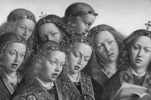 Renaissance-Gemälde mit sieben singenden Figuren