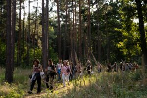 Several people are walking through a forest. Rays of sunlight fall through treetops.