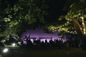The garden of the Haus der Berliner Festspiele at night, individual spotlights and fairy lights illustrate the leaves of the trees.