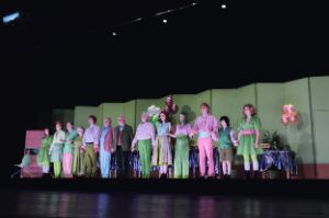 The ensemble of "Zwiegespräch“ hand in hand and in pastel green and pink costumes.