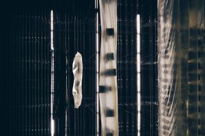 The laced floor of the Haus der Berliner Festspiele with several curtains, photographed from below