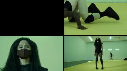 Split screen divided into four sections, each showing a female-presenting person from different angles in a yellowish-green room. The person looks in various directions, with slightly different postures.