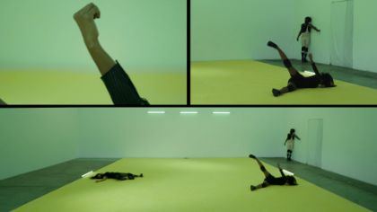 Three-part split screen showing multiple individuals in a yellowish-green room in various positions. Each section presents the same scene from a different distance.