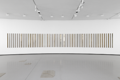 Schmale Fotografien in Braun- und Grautönen hängen nebeneinander an einer weißen Wand in einem Ausstellungsraum.